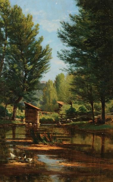 CHAINE Achille, Mme, née Joséphine OLIVIER (1847 - 1882) Paysage à l'étang Huile...