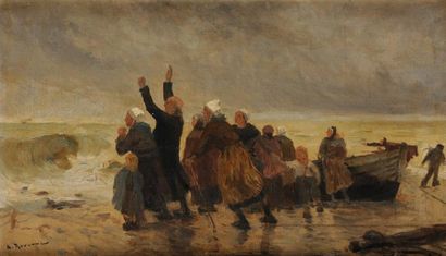 Léon-Gustave RAVANNE (1854-1904) Le retour Huile sur toile Signée en bas à gauche...