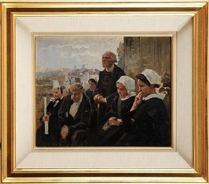 Henri-Paul ROYER (1869-1938) Devant le Pardon Sur sa toile d'origine Signé en bas...