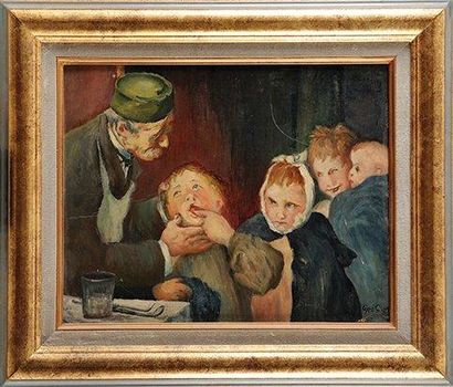 Géo CIM (1885-?) Mon père, un vieux dentiste Huile sur carton Signée en bas à droite...