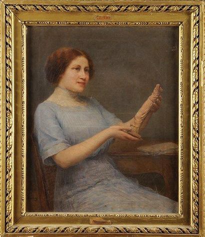 Joséphine HOUSSAY (1840-?) Portrait de Dame à la robe bleue Sur sa toile d'origine...