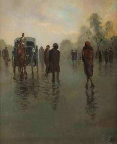 ECOLE FRANCAISE DU XIXème siècle Promenade dans les rues de Paris Huile sur panneau...
