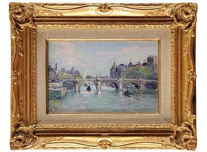 Gustave MADELAIN (1867-1944) Vue de l'Hôtel de Ville et du Pont Neuf Huile sur panneau...
