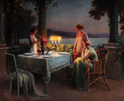Delphin ENJOLRAS (1857-1945) Dîner entre amies sur la terrasse Sur sa toile d'origine...