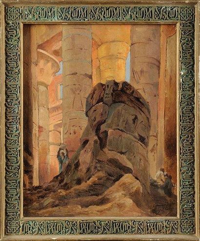 Georges CLAIRIN (1843-1919) Le temple Abu Simbel Huile sur carton Signé et dédicacé...