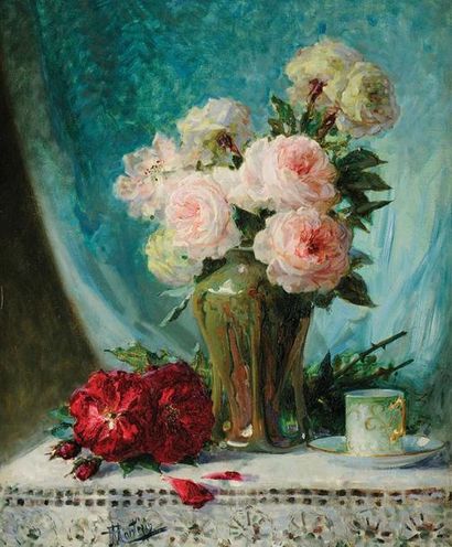 Pierre Eugène MONTEZIN (1874-1946) Nature morte aux roses et à la tasse de Sèvres...