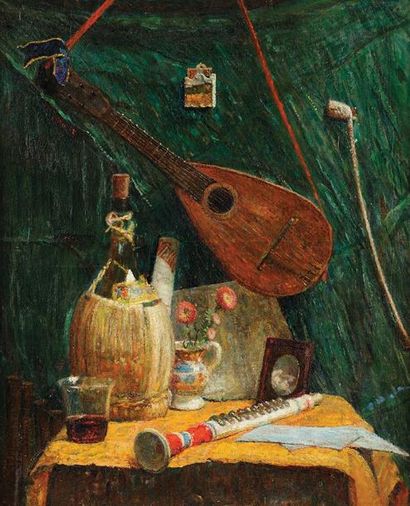 Ludovic VALLEE (1864-1939) Nature morte à la mandoline Sur sa toile d'origine Signé...