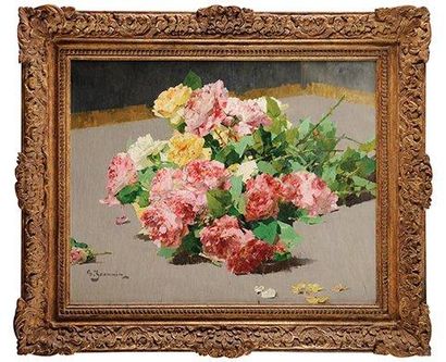 Georges JEANNIN (1841-1925) Bouquet de roses Sur sa toile d'origine Signée en bas...