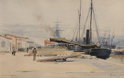 Gaston BETHUNE (1857-1897) Le Quai des Anglais, à Marseille Aquarelle et crayon Signé...