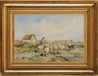 Félix Saturnin BRISSOT de WARVILLE (1818-1892) La rentrée du troupeau Aquarelle Signée...