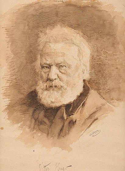ECOLE FRANCAISE DU XIXème siècle Portrait de Victor Hugo (d'après photographie) Plume,...
