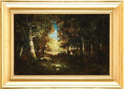 Narcisse DIAZ de la PEÑA (1807 - 1876) Bûcheronne en sous-bois à Barbizon Huile sur...