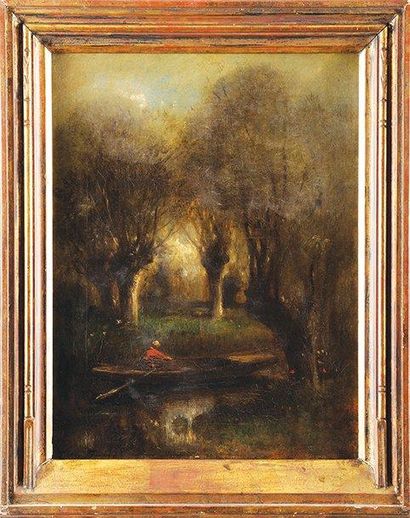 Jules DUPRÉ (1811 - 1889) Promenade entre les saules Huile sur toile Signée en bas...