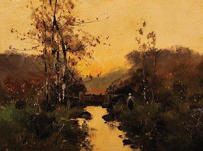 Eugène GALIEN-LALOUE (1854-1941) Vue de rivière au coucher du soleil Huile sur panneau...