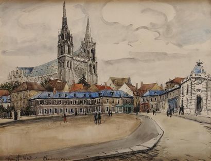 FRANK-WILL (1900-1951) La Cathédrale de Chartres Aquarelle, lavis et crayon Signé...