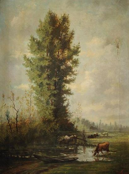Alexander WUST (1837-1876) L'Abreuvoir Huile sur toile Signée en bas à droite 73...