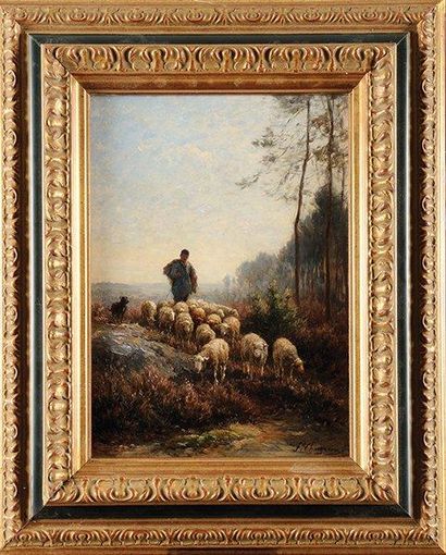 JEAN FERDINAND CHAIGNEAU (1830-1906) Le retour des moutons Huile sur panneau (Dubuis)...