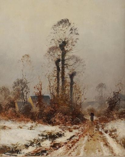 Charles CLAIR (1860-1930) Paysanne sur un chemin enneigé Huile sur toile Signée en...