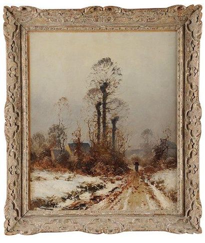 Charles CLAIR (1860-1930) Paysanne sur un chemin enneigé Huile sur toile Signée en...