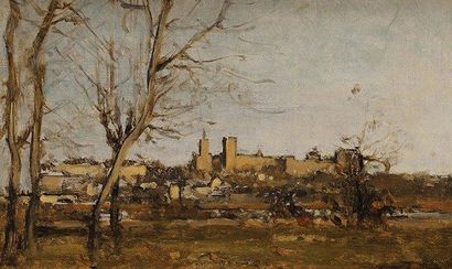 Camille Emile DUFOUR (1841-1933) Vue d'Avignon prise de l'ile de la Bartelasse Huile...