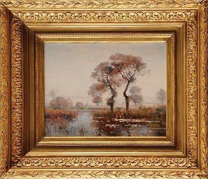 Louis Aimé JAPY (1840-1916) Paysage de marais Huile sur panneau Signée en bas à droite...