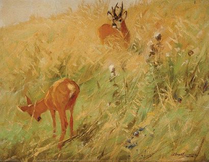 Johann Christopher DRACHTMANN (1856-1931) Biche et cerf en forêt Huile sur carton...