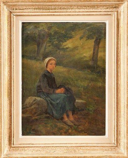 Pierre Edouard FRERE (1819-1886) Jeune fille assise sur un rocher Sur sa toile d'origine...