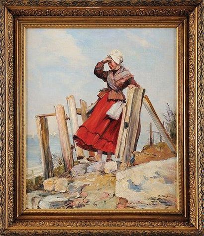 Victor LAINÉ (1830-1911) L'attente Sur sa toile d'origine Signée, datée 1899 et dédicacée...