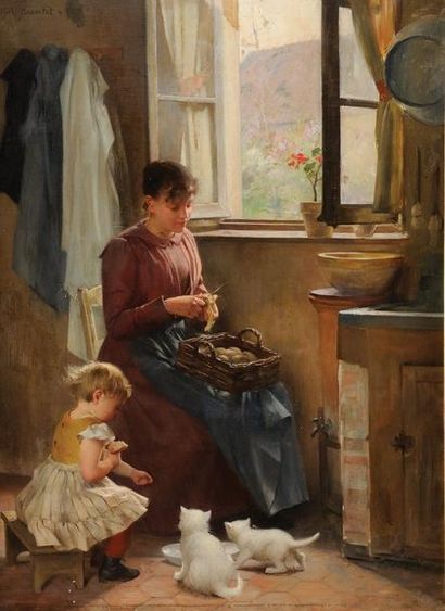 Alfred-Henri BRAMTOT (1852-1894) La préparation du repas Sur sa toile d'origine Signée...