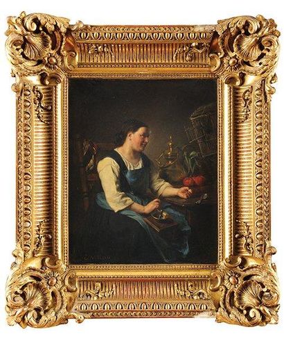 E. VILLAIN (1821-?) La préparation du café Huile sur papier marouflé sur toile Signée...