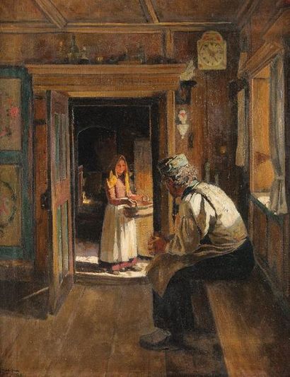 Jakob HAPP (1861-1936) Scène d'intérieur Sur sa toile d'origine Signée et datée 98...