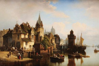 Hermann MEYERHEIM (1815-1880) Ville portuaire de Poméranie Huile sur toile Signée...