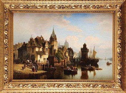 Hermann MEYERHEIM (1815-1880) Ville portuaire de Poméranie Huile sur toile Signée...