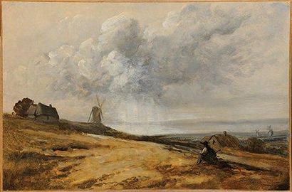 Georges MICHEL (1763-1843) Paysage au moulin Huile sur papier 36,5 x 54 cm (14,4...