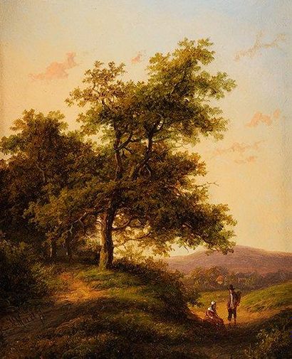 Jan Evert II MOREL (1835-1905) Couple en forêt Huile sur panneau Signée en bas à...