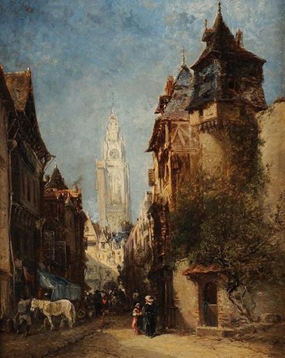 Jules Achille NOEL (1810-1881) Ruelle dans un village Huile sur panneau Signée en...