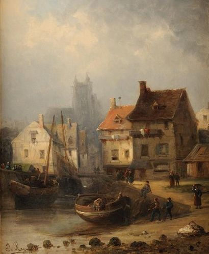 J. RAYMONT? (XIXème siècle) Port de pêche en Hollande Huile sur toile Signée en bas...