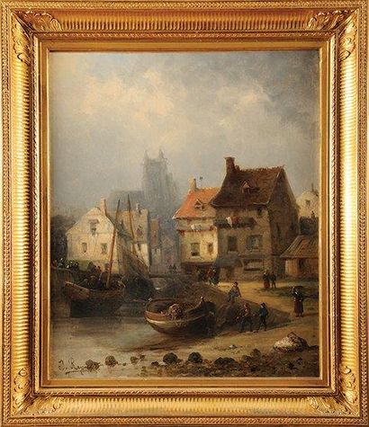 J. RAYMONT? (XIXème siècle) Port de pêche en Hollande Huile sur toile Signée en bas...