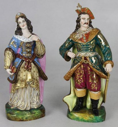 null DEUX SUJETS en porcelaine polychrome figurant un couple du Moyen Age Fin XIXème...