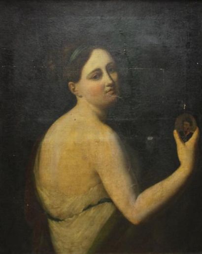 Ecole FRANCAISE vers 1800 Portrait de jeune femme montrant une miniature Toile 73...