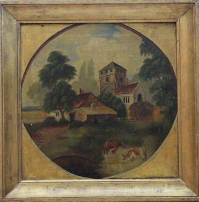 ECOLE FRANCAISE DU XIXème siècle Paysage de campagne animé Huile sur toile à vue...