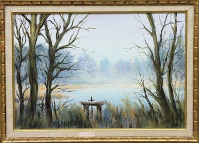 Henry HUET (XXème siècle) Paysage à l'étang Huile sur toile signée en bas à gauche...