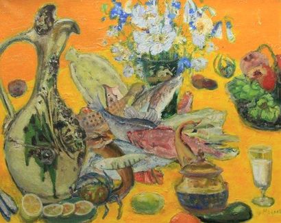 GUILLEMETTE MIRAUD (1913 - 1989) Nature morte aux poissons Huile sur toile signée...