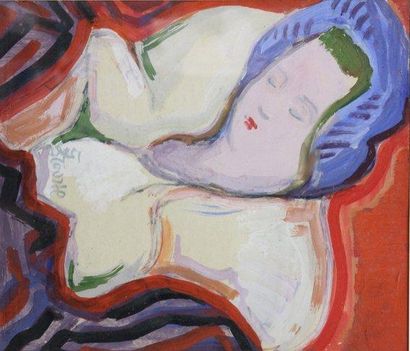 Suzanne TOURTE (1904 - 1979) Femme endormie Gouache sur papier signé en bas 23,5...