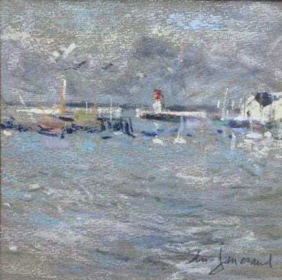 Daniel du JANNERAUD (1919 - 1990) Vue d'un port Pastel sur papier signé en bas à...