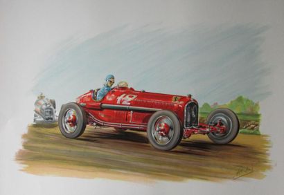 null "Rob ROY ""Grand Prix de France 1934"" Lithographie représentant l'Alfa Romeo...