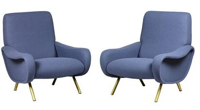 Marco ZANUSO (1916-2001) Paire de fauteuils modèle "Lady" en tissu bleu, piétement...
