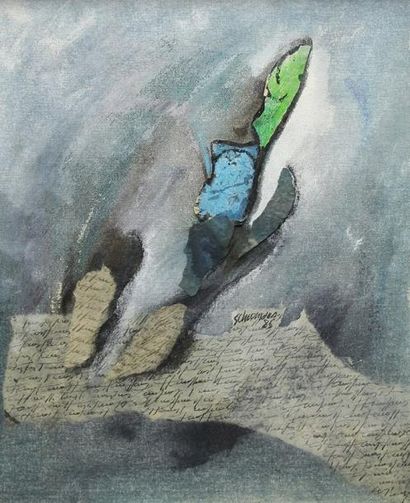 SCHOOMDA (XXème siècle) L?écriture Gouache et collage 44 x 36 cm