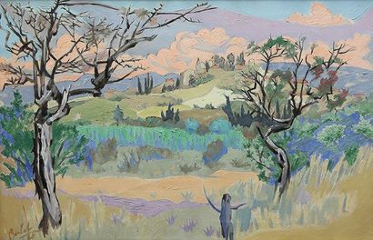 Pierre BOCHOT (1906-1995) Eygalières le soir Huile sur toile 58 x 90 cm