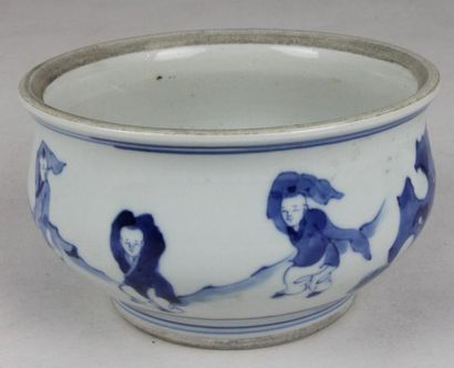 CHINE Brûle-parfum en porcelaine bleu et blanc à décor des enfants de Chine XIXème...